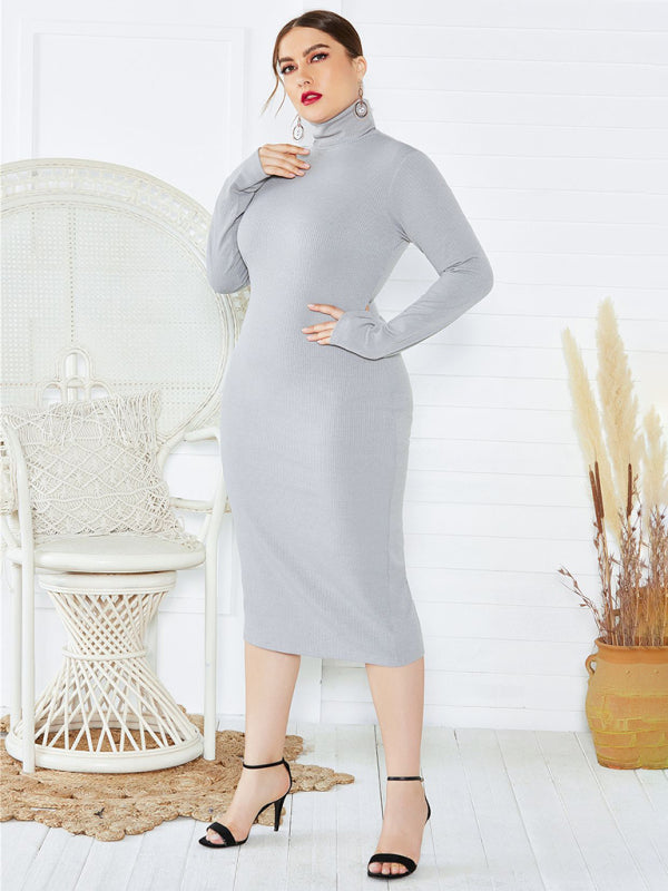 Women's Solid Color Plus Size Turtleneck Long Sleeve Curves Dress