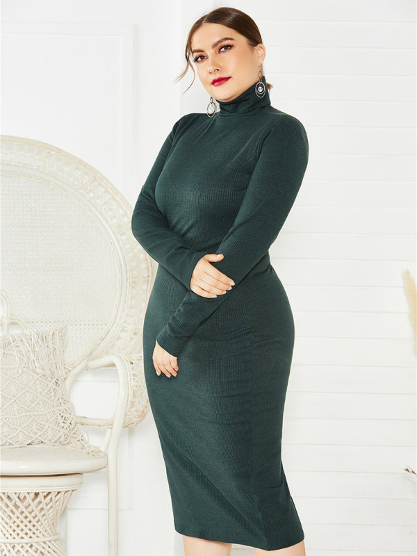 Women's Solid Color Plus Size Turtleneck Long Sleeve Curves Dress