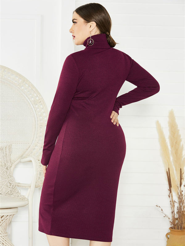Women's Solid Color Plus Size Turtleneck Long Sleeve Curves Dress
