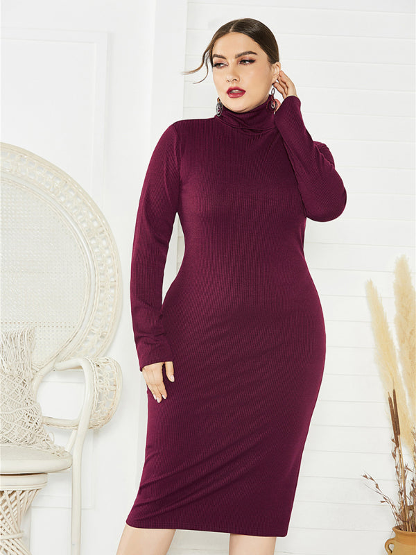 Women's Solid Color Plus Size Turtleneck Long Sleeve Curves Dress