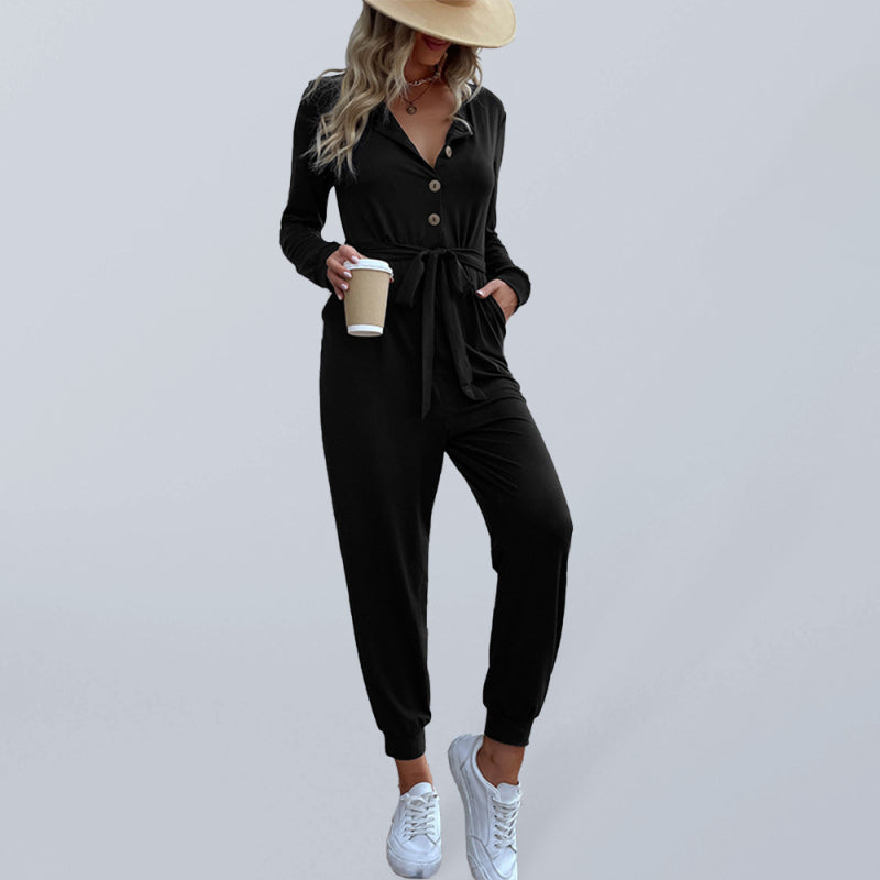 Women's Solid Color Button-up Front Waist Tie Jumpsuit