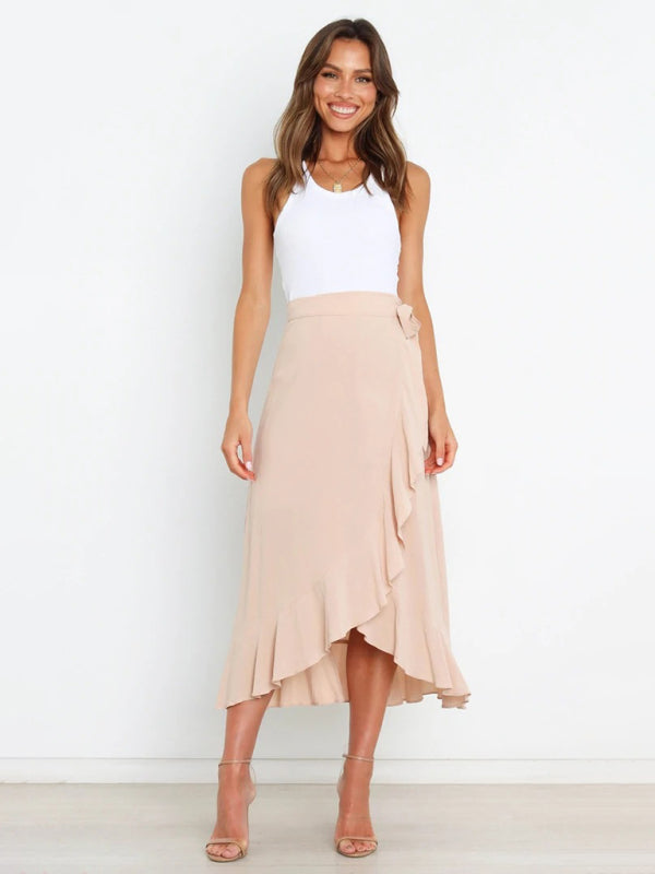 One Piece Tie Long Skirt Irregular Cover Hip Solid Color Skirt
