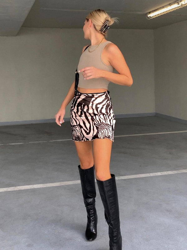 Printed mesh skirt high waist double layer slim wrap hip skirt