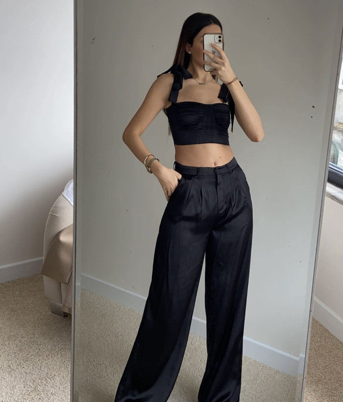 Pleated low-cut sexy strappy slim camisole with pleated neckline