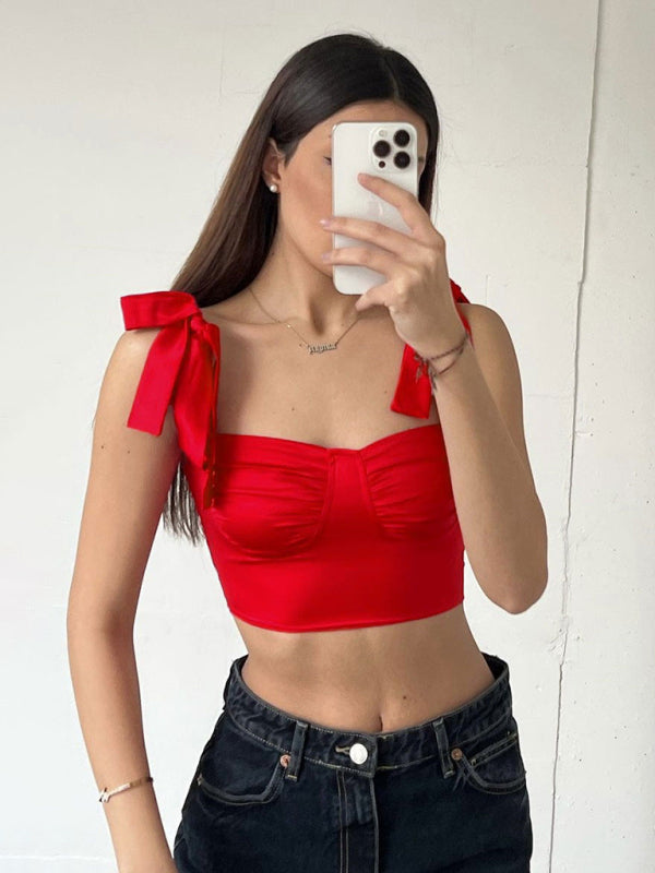 Pleated low-cut sexy strappy slim camisole with pleated neckline