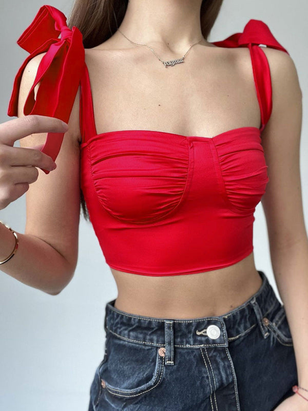 Pleated low-cut sexy strappy slim camisole with pleated neckline