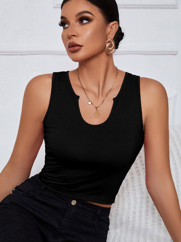 Women's Solid Color Knit Y-neckline Cropped Henley Tank Top