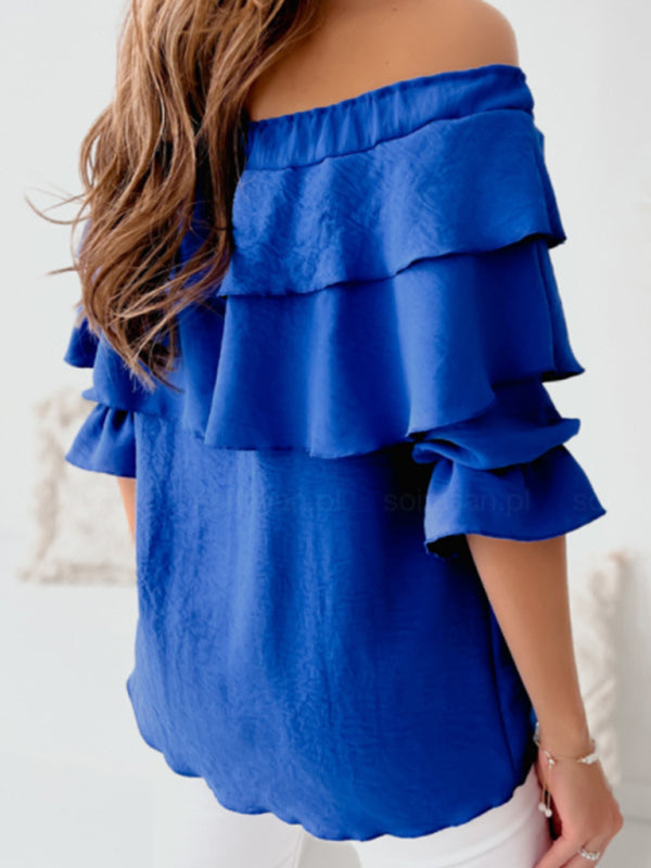 Women's Solid Color 3/4-sleeves Double-ruffled Off-the-shoulder Tie-neck Blouse
