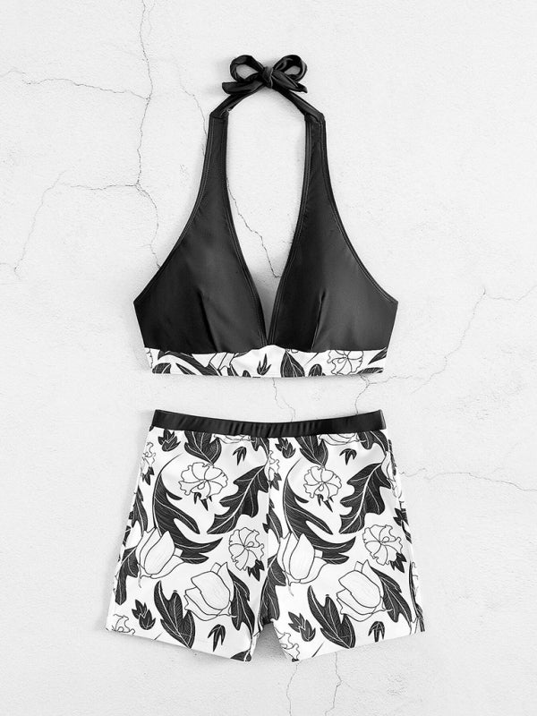 Women's Printed Bikini Top And High-waist Bottoms Shorts Set