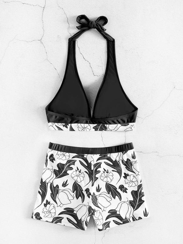 Women's Printed Bikini Top And High-waist Bottoms Shorts Set