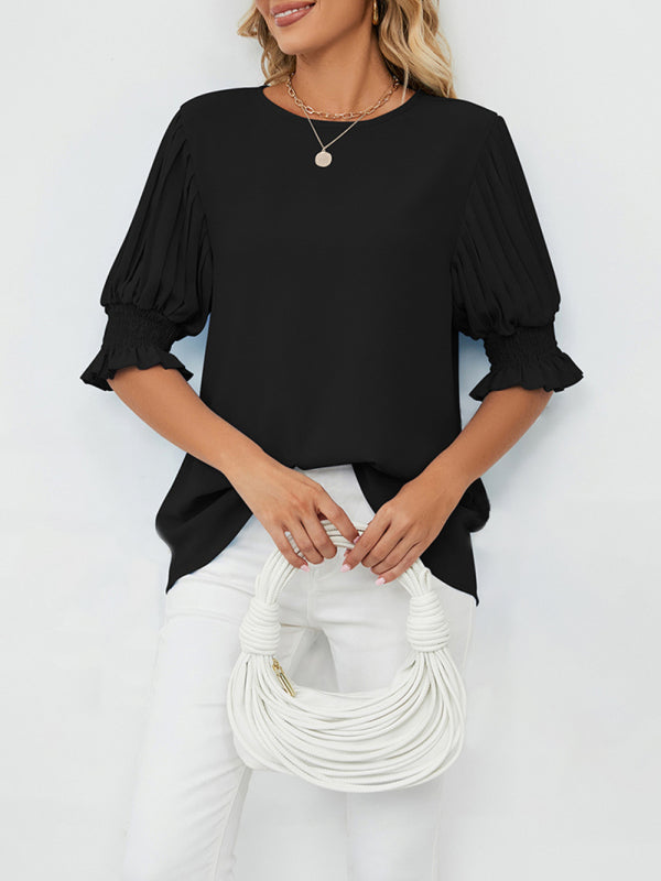 Women's Solid Color Puff-sleeve Crewneck Top