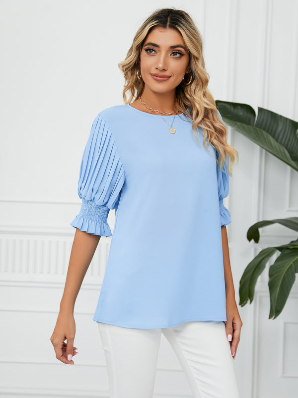 Women's Solid Color Puff-sleeve Crewneck Top