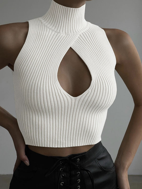 Women's Solid Color Cutout Sleeveless Sleeve Turtle Neck Rib Sweater
