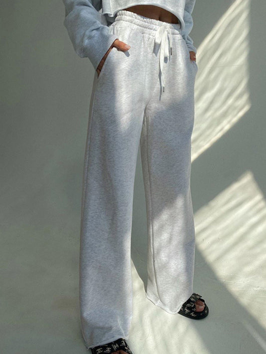 Women's Solid Color Tie High-waist Wide-leg Sweatpants