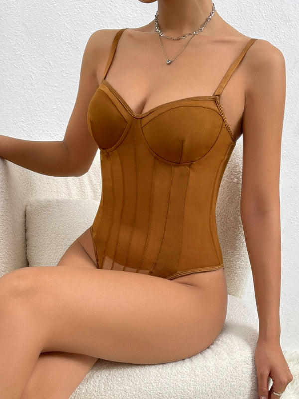 Women's Solid Color Mesh & Lace Bodysuit