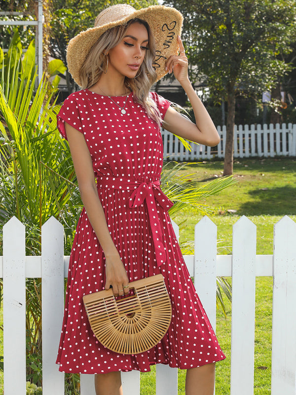 Women's Polka Dot Short Sleeve Pleated Midi Dress
