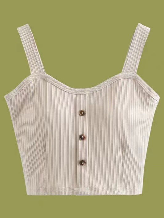 Women's Solid Color button Front Details Bib Crop Tank