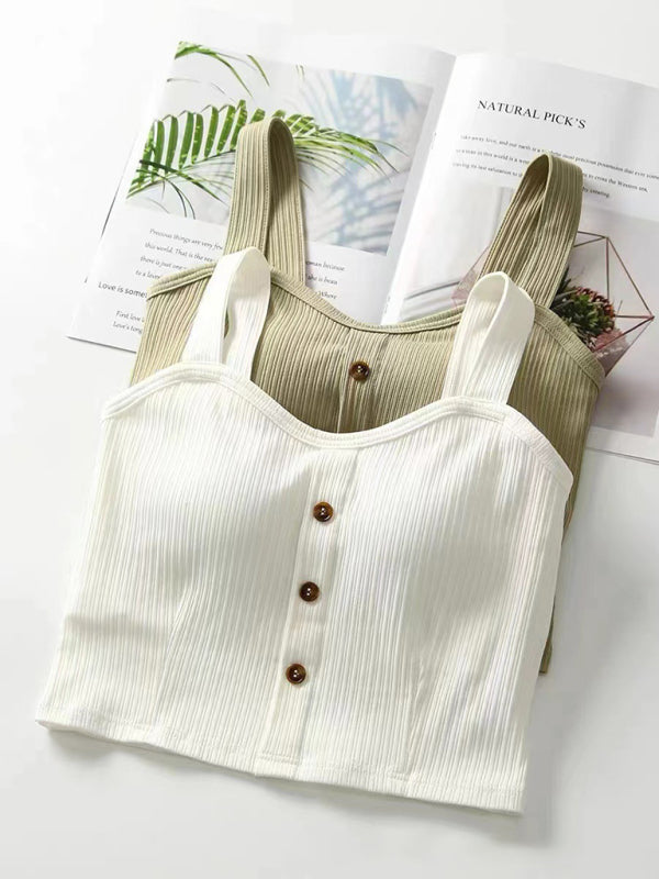 Women's Solid Color button Front Details Bib Crop Tank