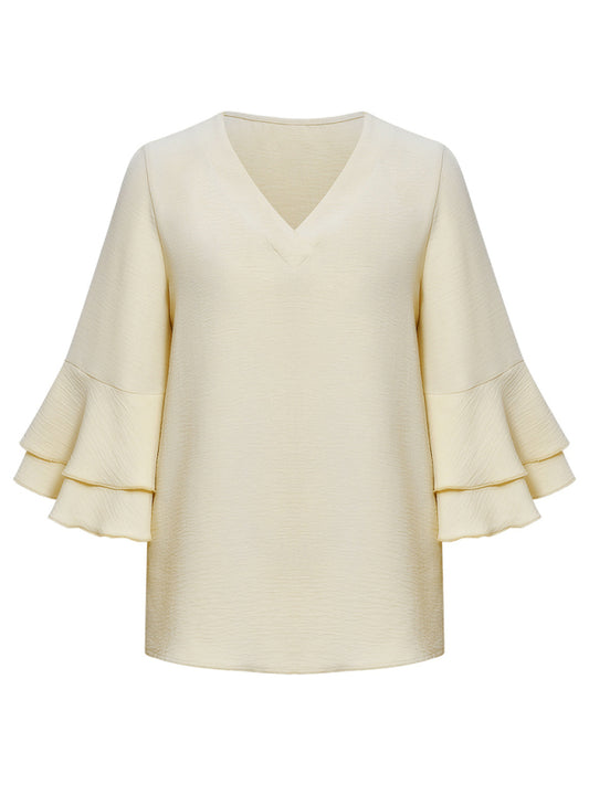 Women's Solid Color Ruffle Sleeve V-neck Blouse