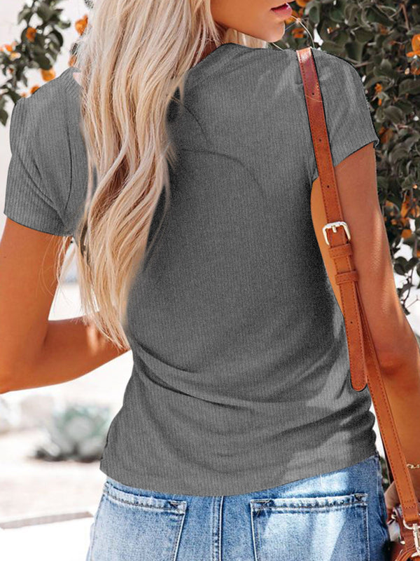 Women's Solid Color Batwing Sleeve Button Detail Tee