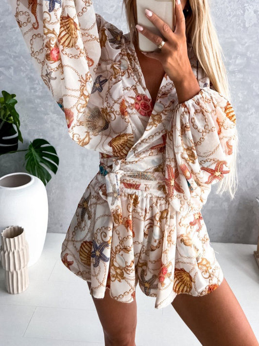 Women's Tropical Print Faux Wrap Puff Sleeve Romper