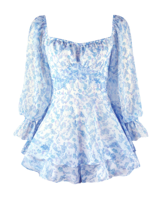 Women's Floral Print Sweetheart Puff Sleeve Rompers