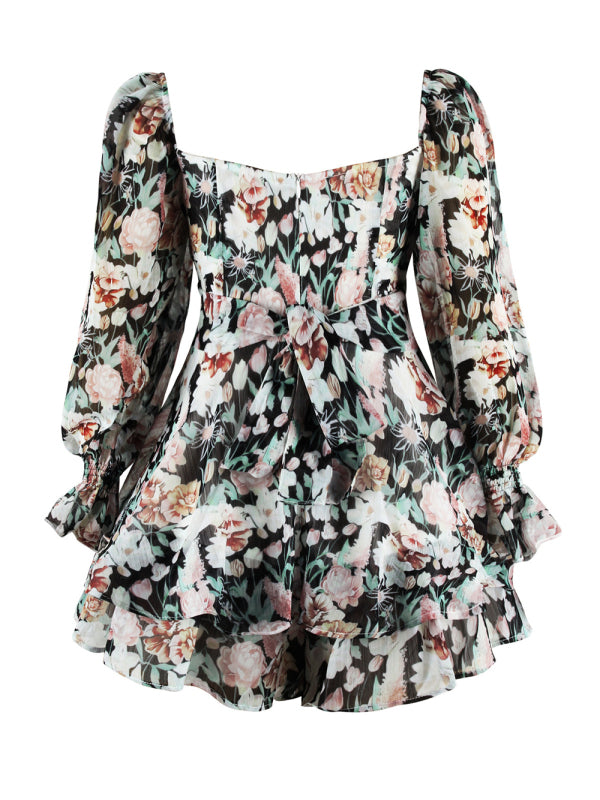 Women's Floral Print Sweetheart Puff Sleeve Rompers