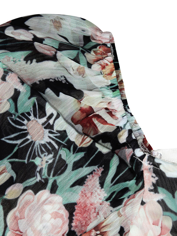 Women's Floral Print Sweetheart Puff Sleeve Rompers