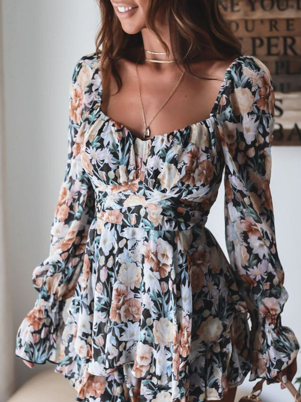 Women's Floral Print Sweetheart Puff Sleeve Rompers