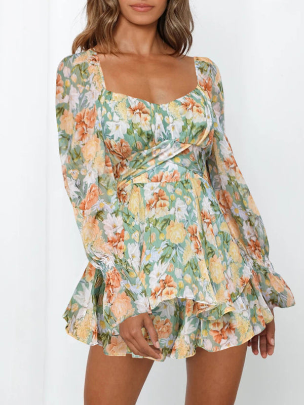 Women's Floral Print Sweetheart Puff Sleeve Rompers
