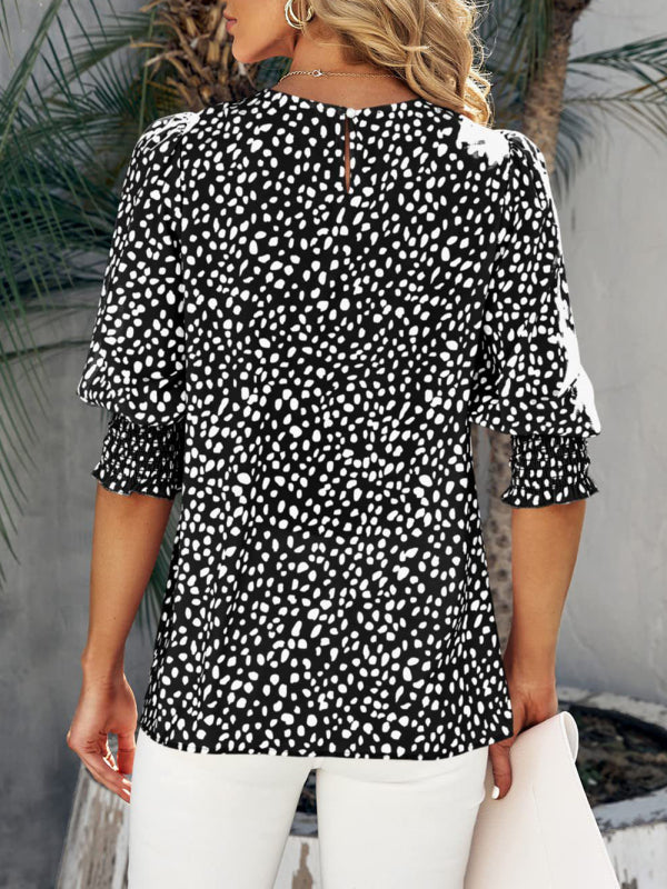 Women's Printed Puff Sleeve Smocked Hem Blouse Top