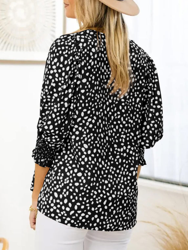 Women's Printed Puff Sleeve Smocked Hem Blouse Top