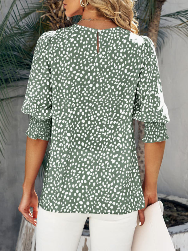 Women's Printed Puff Sleeve Smocked Hem Blouse Top