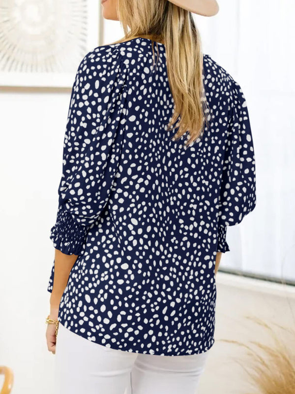 Women's Printed Puff Sleeve Smocked Hem Blouse Top
