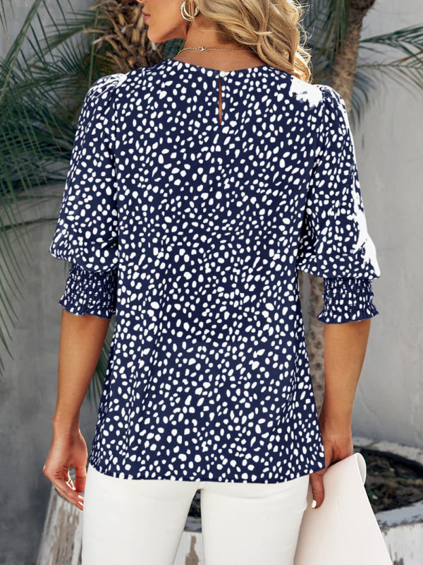Women's Printed Puff Sleeve Smocked Hem Blouse Top