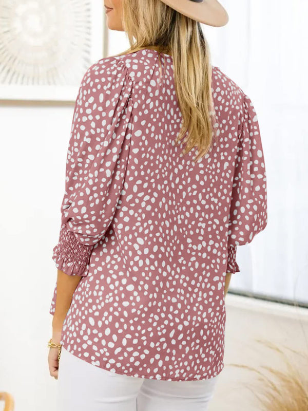Women's Printed Puff Sleeve Smocked Hem Blouse Top