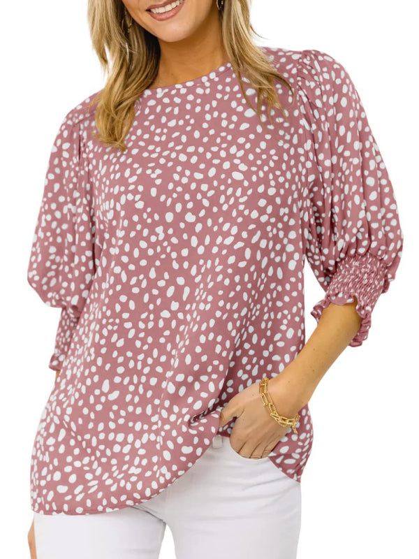 Women's Printed Puff Sleeve Smocked Hem Blouse Top
