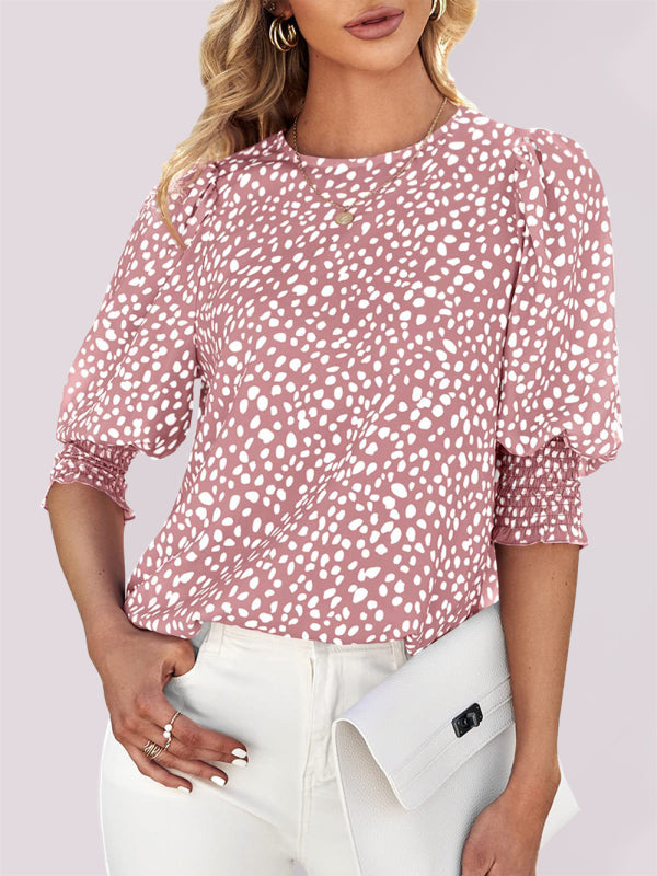 Women's Printed Puff Sleeve Smocked Hem Blouse Top