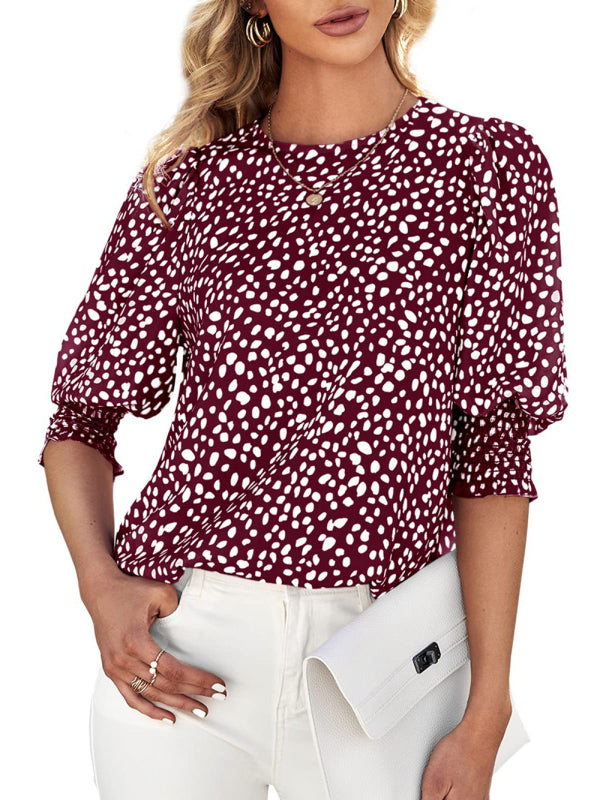 Women's Printed Puff Sleeve Smocked Hem Blouse Top