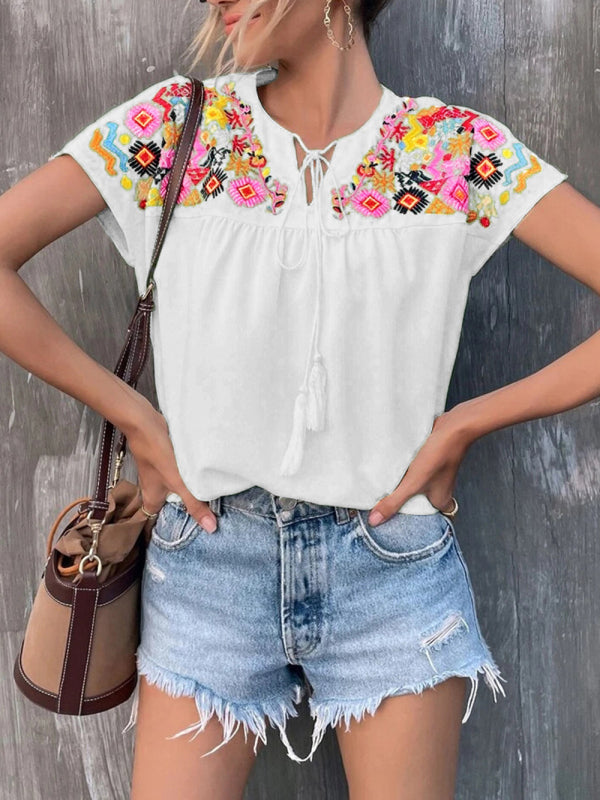 Women's Embroidered Tassel Tie Top