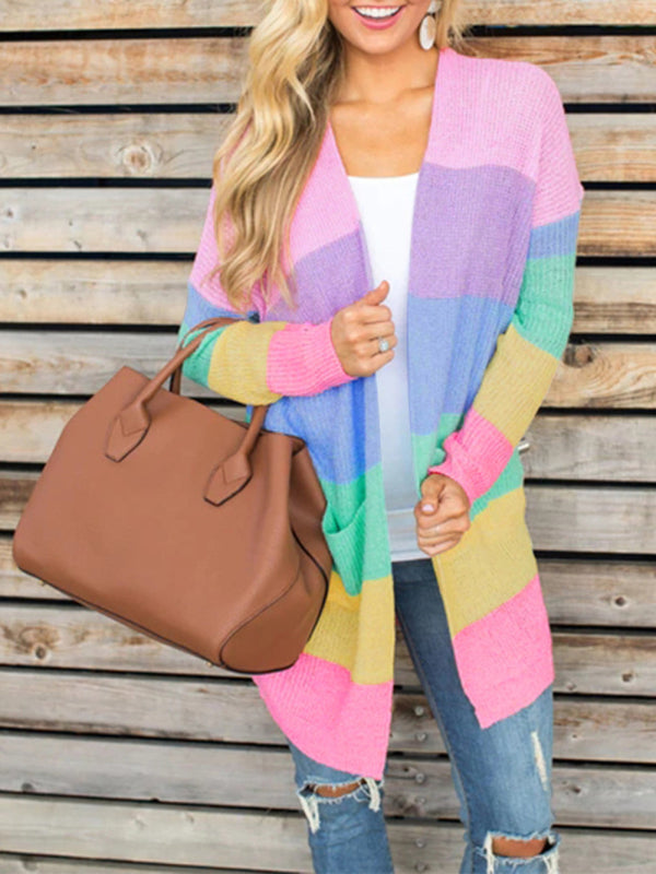 Sweater Loose Color Long Sleeve Contrasting Color Striped Knit Cardigan Jacket