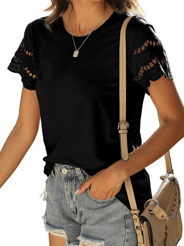 Women's Solid Color Lace Sleeve Knit Top