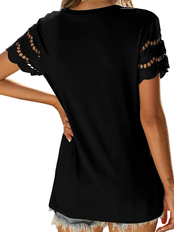 Women's Solid Color Lace Sleeve Knit Top