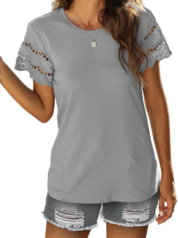 Women's Solid Color Lace Sleeve Knit Top