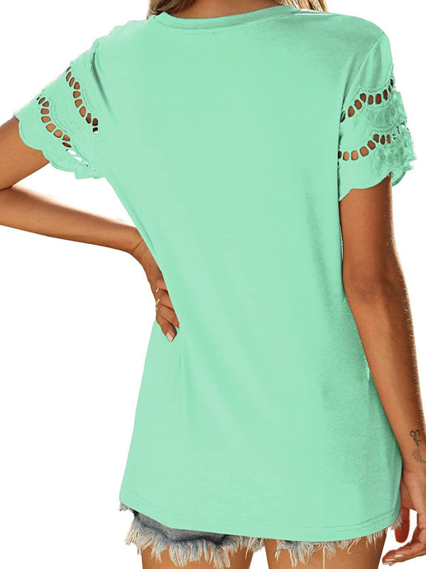 Women's Solid Color Lace Sleeve Knit Top