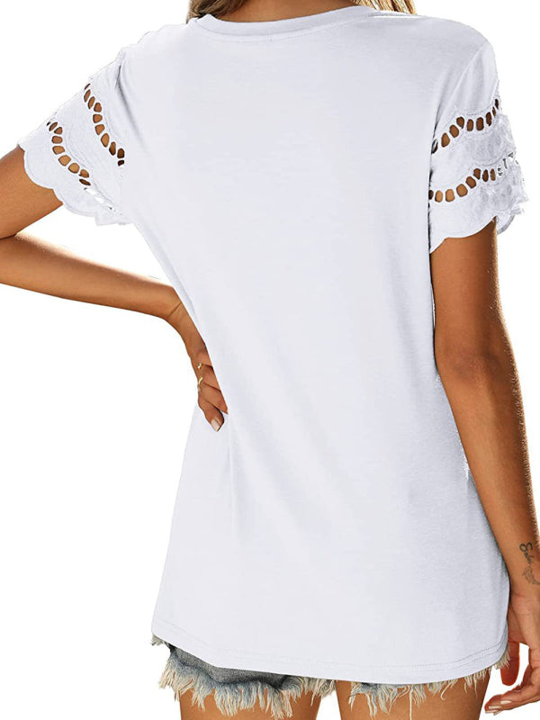 Women's Solid Color Lace Sleeve Knit Top