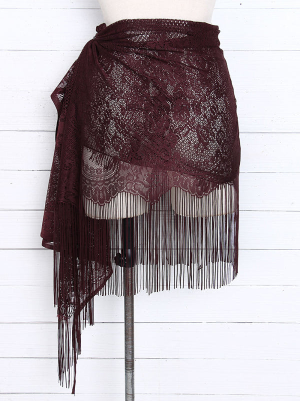 Women's hollow beach lace fringed blouse skirt