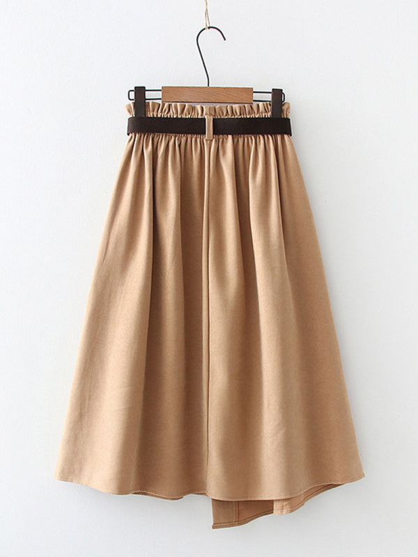 Women's Solid Color Asymmetric Belted Midi Skirt