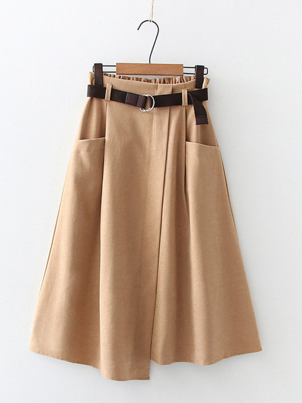 Women's Solid Color Asymmetric Belted Midi Skirt