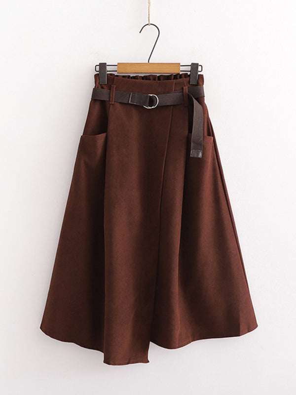 Women's Solid Color Asymmetric Belted Midi Skirt